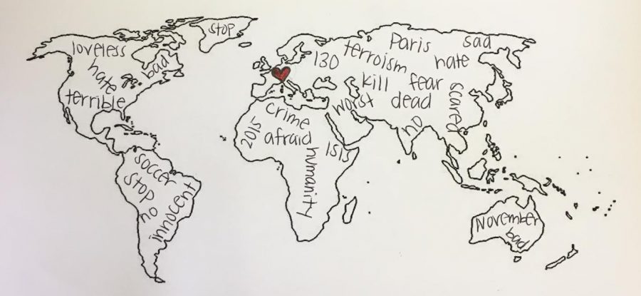 A world map depicting the thoughts regarding the 2015 Paris attacks.