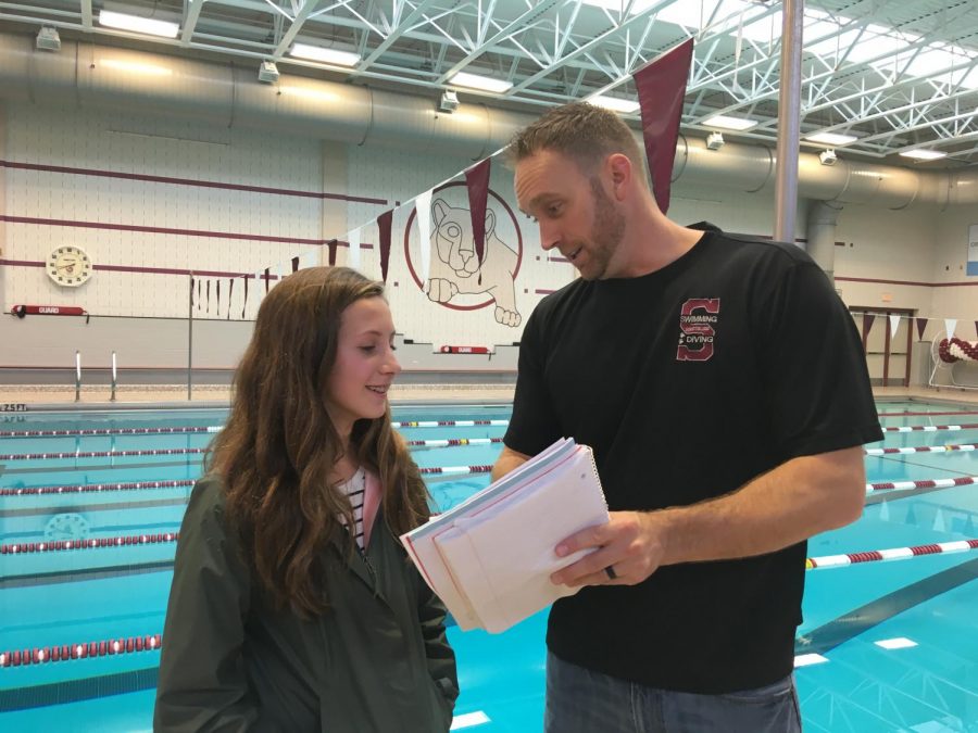 After the pre-season meeting for swimming and diving, sophomore Aubrey Zuech and head coach Aaron Workman meet to discuss goals for the new season. With a strong team for both girls and boys and a new head coach, the team hoped for an even more successful season than last year. “I think it’s going to be a good season. Different coaches bring out different things in swimmers, so I think there’s a chance we could be more successful [than last year],” Zuech said.
