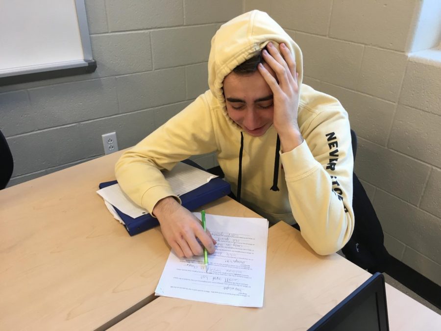 Freshman Louis Agostinelli stresses over his excessive workload. Agostinelli comments about his tests, “I think I did bad on them because I had too many.” Agostinelli was not the only student feeling this way as many students were too stressed to perform well on their tests.