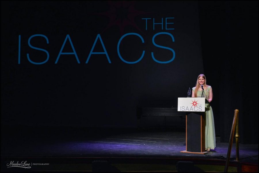 Morgan Higgins, senior, and president of the thespians student board, on stage after accepting an Isaac for Actress in a Leading Role. This is Higgins second Isaac and she was very thankful for the award, When my name was called I got the same rush that I did last year and I shook just as much when I gave my speech,” Higgins said. The Isaacs were a success and State High went up with three Isaac awards. Photo is courtesy of Drew Frank.