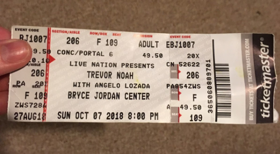 Ticket for the Trevor Noah event held on October 7th. Angelo Lozada opened the show at the Bryce Jordan Centre, and Noah took the stage at 8:30. According to Jackson Harper, “I  found it really interesting to see a popular comedian like Trevor Noah. I know that his kind of comedy isn’t for everyone but I really enjoyed the event.” 