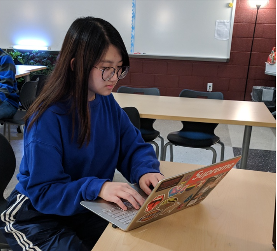 Laptop in hand, junior Krista Chen diligently works on an upcoming project for one of her classes. “I guess I enjoyed the first marking period. After all, it was the easiest marking period of the whole year,” Chen said. Like many other students, Chen faced pressure from the first marking period, but takes a more optimistic perspective and is looking forward to the end of the year.
