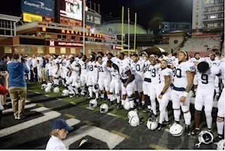 Victory Formation: Penn State sings the alma mater to celebrate their 59-0 victory of Maryland and to thank their fans for their support on the road. “...Our fans were phenomenal, Coach James Franklin said in a post-game press conference. They really were. Cant tell you how much we appreciate the type of support that we get from our fans and how they travel. I thought that was, you know, significant in the game.

