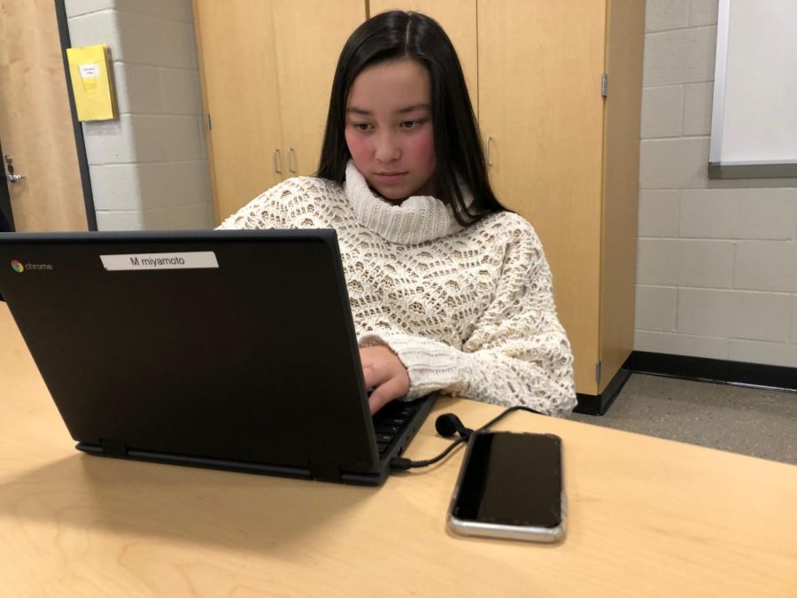Mary Miyamoto, freshman, works in her structured study hall with Mr. Kimbro. A mixed structure, Miyamoto is able to use her phone after keeping up her grades for the first marking period. “[Structured study hall] is crucial for keeping [ninth graders] in school. And when I say that it means we don’t want to lose any ninth graders [before] graduation. So we need to make sure that they know how to stay organized, how to study, how to take good notes, how to be a good citizen in this place of State College Area High School,” Mrs. Tobias, Freshman Principal, said.