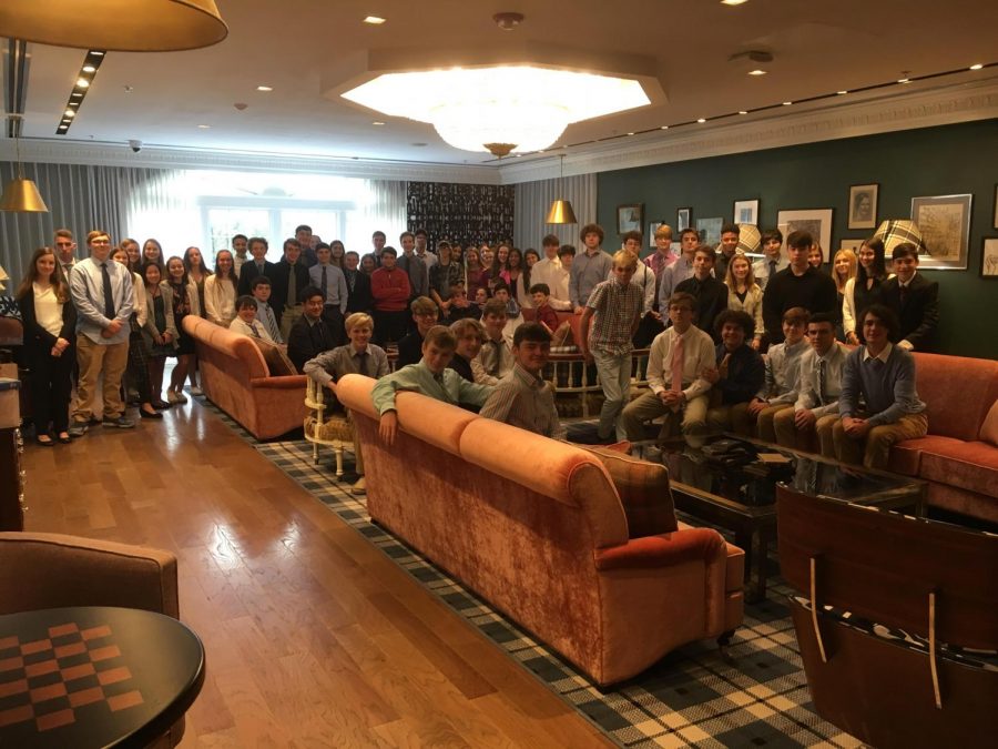 Exploring business students from Mr. Raupers’ and Mr. Kissel’s class pose for a photo outside of the dining room after their etiquette luncheon at the Graduate Hotel Tuesday afternoon. “Dining etiquette is when you have the right manners and you know how to talk politely,” freshman Emily Ishler said.