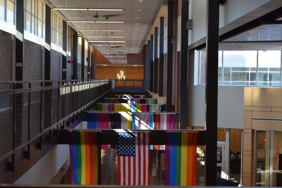 In+honor+of+LGBT+History+Month%2C+State+High+hung+up+Pride+flags+in+the+HUB.+Flags+such+as+the+pansexual%2C+gay+pride%2C+bisexual%2C+and+polysexual+flags+are+displayed.+%E2%80%9CI+feel+like+the+school+didn%E2%80%99t+do+much+research+about+the+flags+and+their+meanings.+They+searched+%E2%80%98LGBTQ+flags%E2%80%99+and+did+the+top+ten+that+showed+up%2C%E2%80%9D+senior+Mira+Bigatel+said.
