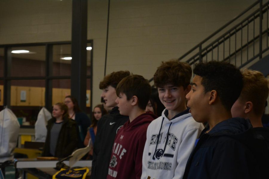 8th graders Owen Yerka, Jake Dynan, Nathan Alexander, and Ian Marshall watch the agricultural sciences presentation. “I’m very excited for all of the different choices of electives because there’s a lot of opportunities for us,” 8th grader Ian Marshall said. Many of the students enjoyed the presentations from the different CTC courses. 