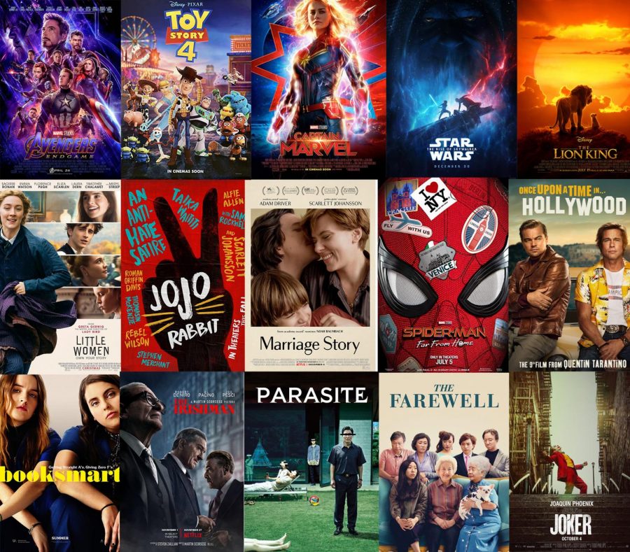 Moves listed from left to right: Avengers: Endgame, Toy Story 4, Captain Marvel, Star Wars: The Rise of Skywalker, The Lion King, Little Women, Jojo Rabbit, Marriage Story, Spider-Man: Far From Home, Once Upon a Time in Hollywood, Booksmart, The Irishman, Parasite, The Farewell, and Joker. 