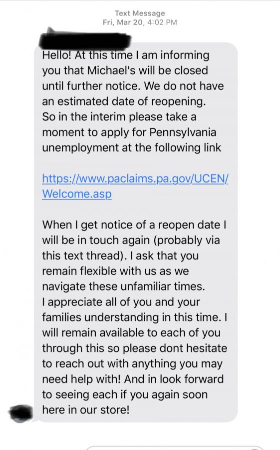 This is a text that some State High Students have recieved. Many have received similar messaged regarding the status of there jobs and how they mostly likely are closed or will close due to the outbreak.