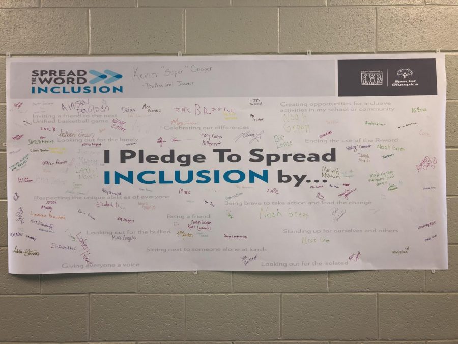 Many State High students signed the “Spread the Word Inclusion” poster during school. “We had the poster for people to sign showing that they believe in inclusion and that they will do something to promote [inclusion] in the school environment,” Mrs. Percival said.  