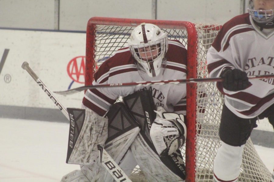 Junior Alex Walaschek (#32) in net for the State College junior varsity team on March 5, 2020 against Central Cambria. Walaschek faced 22 shots on goal throughout the game, which ended in a 5-5 tie. Walaschek also plays for the varsity team as well as a club team outside of school. 