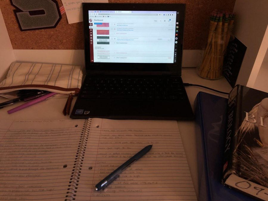 A photo of assignments on a Chromebook taken on Wednesday, Sept. 30, 2020, at my workspace in my room, State College, PA. After my field hockey game on Wednesday evening, I was able to complete all of my schoolwork from that day at 10:30 PM.