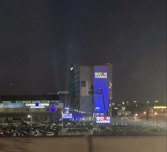The Biden campaign lights up buildings in Delaware to celebrate their victory. Photographer: Natalie Pearson.