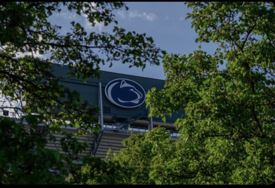 Penn+State+Stadium%E2%80%99s+sign+pictured+above+during+spring+weather+in+May+2020.+