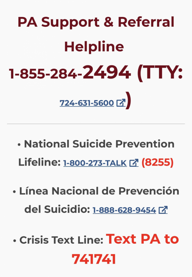 Mental health resources for PA are available online. Please reach out if you or someone you care about is in need of help. Taken from PA department of Human Services.