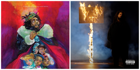 The album covers for KOD (left) and The Off-Season (right), released three years apart, side by side. The artwork for KOD by Kamau Haroon, a.k.a Sixmau, includes a disclaimer at the top reading, “This album is in no way intended to glorify addiction.” 
