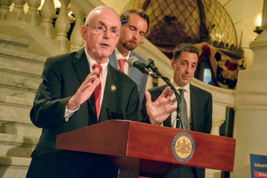 Rep. Frank Ryan, R-Lebanon, speaks at a Capitol press conference on property tax elimination on Tuesday, August 20, 2019. Representative Ryan proposed and advanced these bills to Pennsylvania legislators.  (Capital-Star photo by Stephen Caruso)
