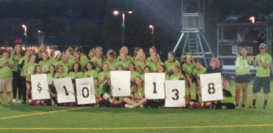 The State High girls' soccer team holds up the number of money they've raised for the Good Day Cafe, on October, 21st, 2021.