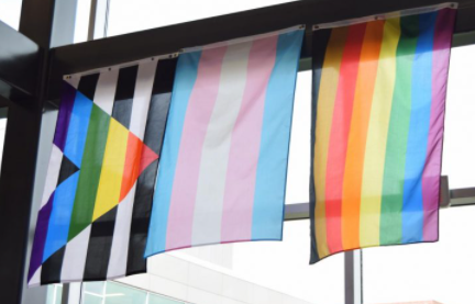 Of the 16 pride flags in October, only 5 are kept, at the entrance of the main hall.
