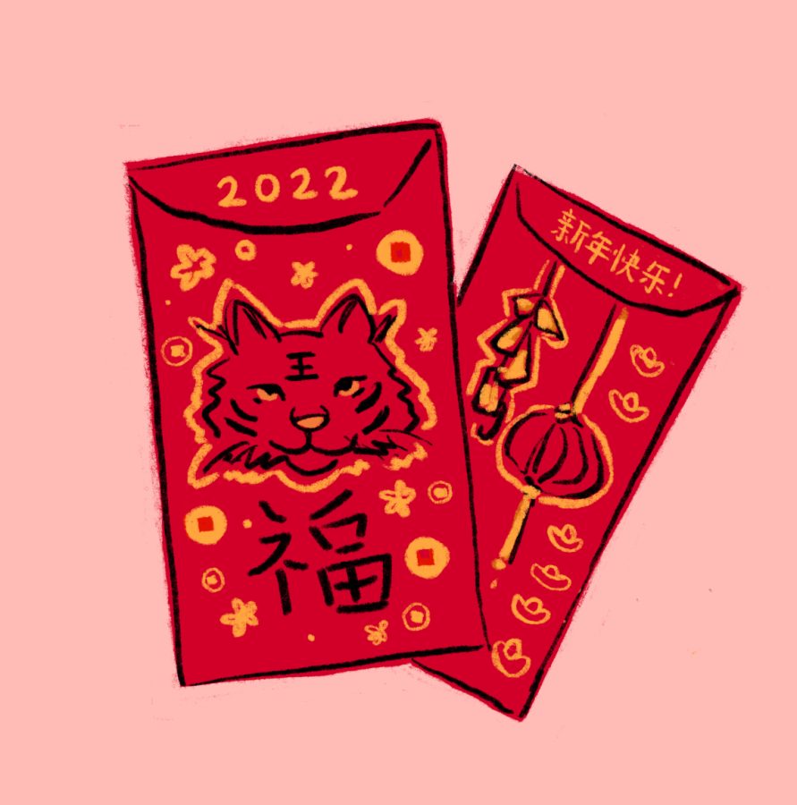 An+illustration+of+h%C3%B3ng+b%C4%81o%2C+red+envelopes+filled+with+money+that+are+often+gifted+to+children+during+Lunar+New+Year.+Graphic+by+Marissa+Xu.+