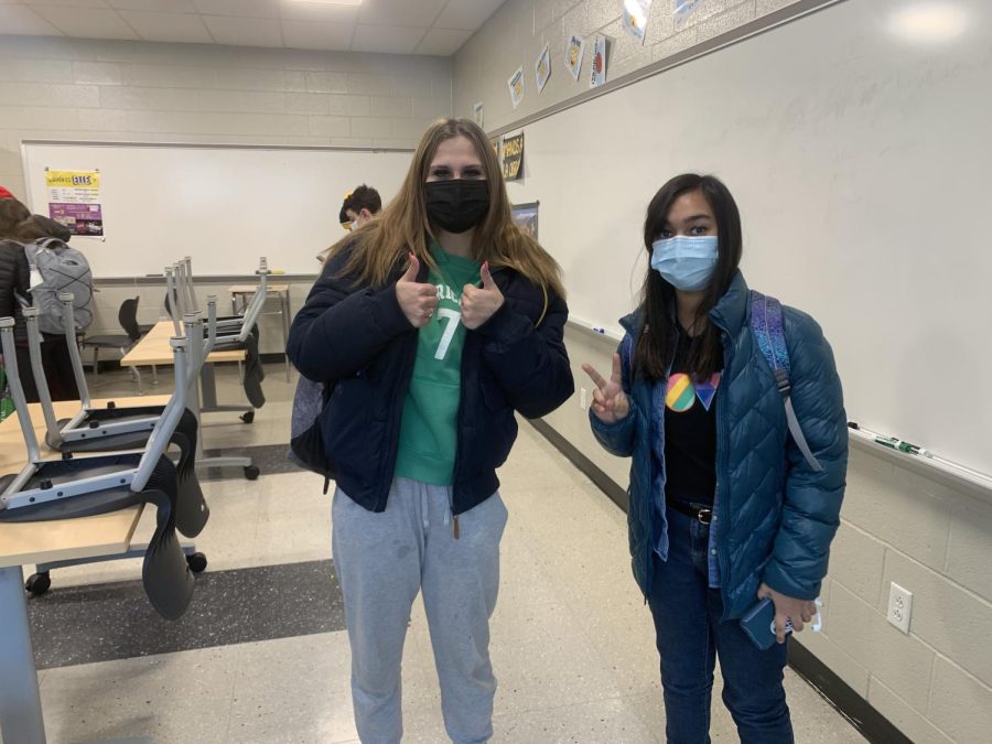 Sophomore Ava Beviliqua and freshman Lilia Sahoo in Spanish class on the 100th day of school, hoping for some celebrations. 