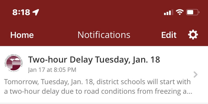 2 Hour Delay Notification for Jan. 18th