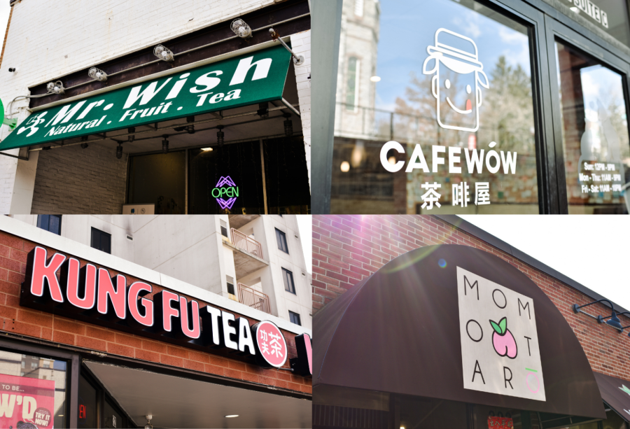 The storefronts of Mr. Wish, Cafe Wow, Kung Fu Tea, and Momotaro. 