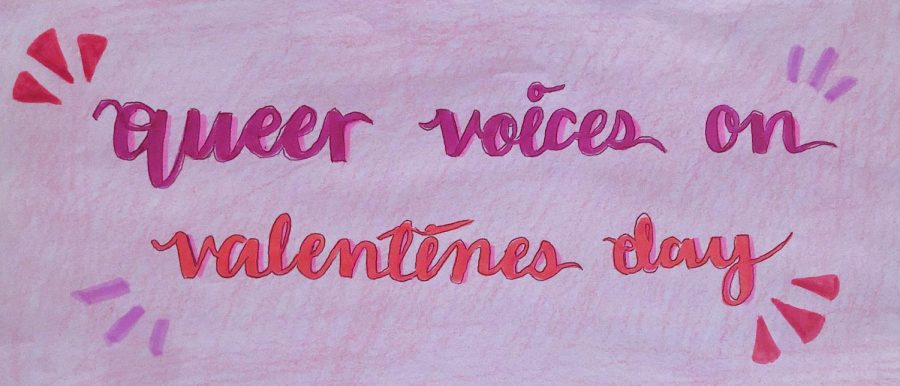 An illustration featuring the words queer voices on valentines day written with marker on a piece of paper.