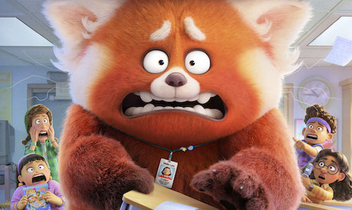 A promotional poster for Turning Red which features Mei in her red panda form surrounded by her friends.