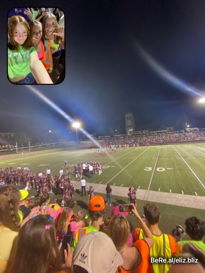 Senior Elizabeth Blizzard captures her BeReal from the student section with junior Sophie Dillon and senior Grace Morningstar at the State High Varsity Football game on Sept. 9. 