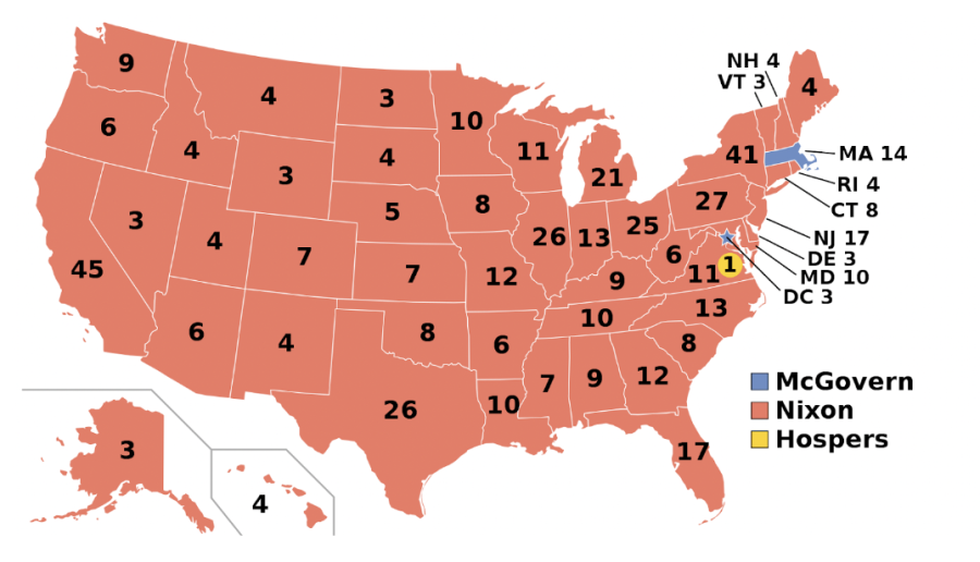 Map of the Presidential Election of 1972 between Richard Nixon, George McGovern, and John Hospers (Image from Wikimedia Commons).
