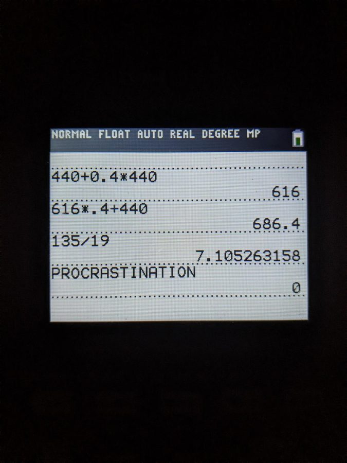 PROCRASTINATION written on a TI-84 Calculator, representing the schoolwork many students procrastinate.