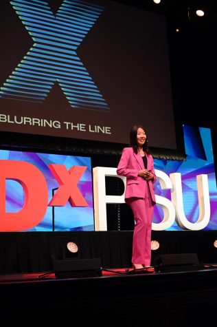 State High junior, Claire Chi giving her TED talk on Youth Leadership at the 2023 TEDxPSU conference. Photo taken on Feb.11, 2023, by Claire Lewis.