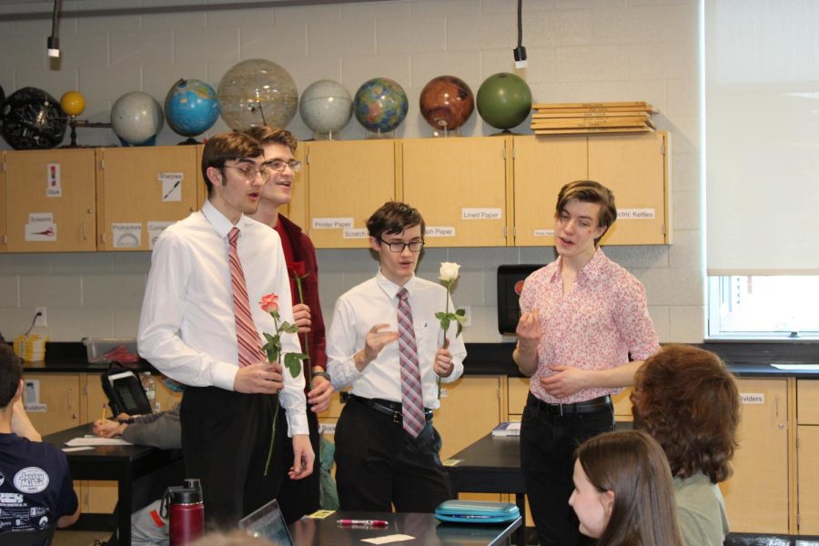 The Vocal Valentines sing to a student in the middle of class on this past Valentines day of 2023. 

