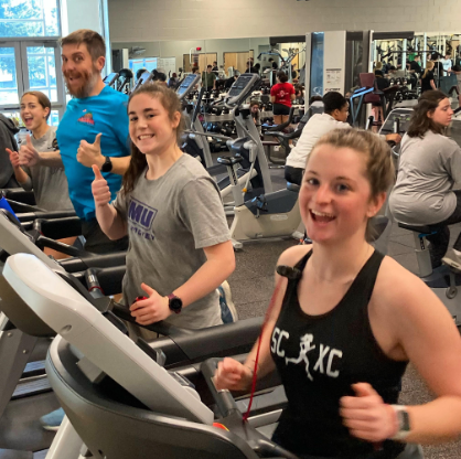 State High students and staff completing the running portion of the Dri-Tri. 
“Im thankful that the fitness club put it on, and you know it’s always fun to throw some friendly competitions out there…it’s a good time,” reported participant Doug Schunk after he completed the challenge. Pictured are participants from left to right: Caitlyn Keiter, Doug Schunk, Molly Schreiner, and Sophie Dillon. Photo courtesy of Diane Swauger. 