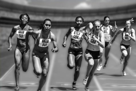 Several women competing in a track race are shown handing off batons to teammates. 
