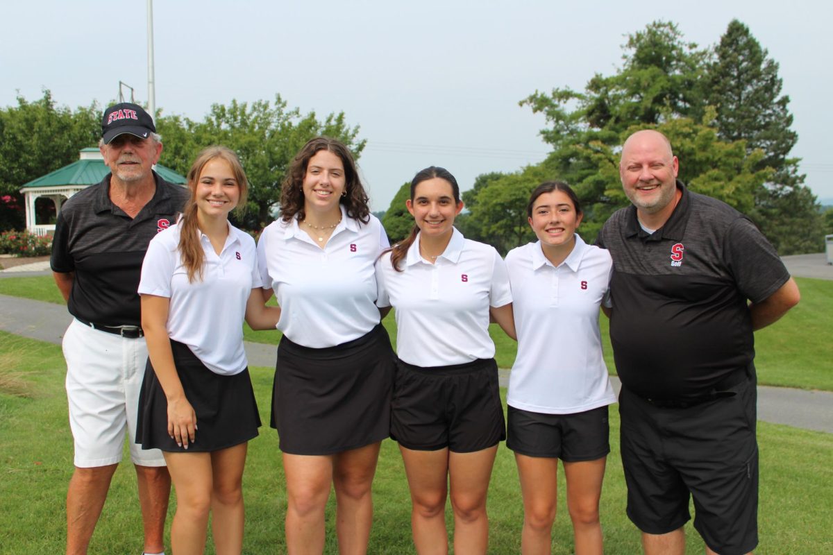 Coach Ken Miller, Libby Peachey, Claire Dworsky, Hannah Kopac, Carly Donnell, and Coach Corey Hunter at Centre Hills Country Club. Photo taken by Julie Donnell on Sept 14. 