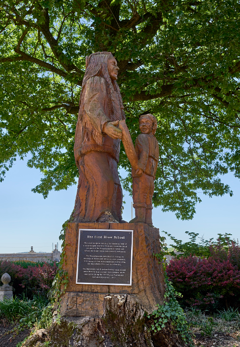The Susquehannock lived in Central PA for 100s of years.
Highsmith, Carol M, photographer. This sculpture created from a storm-ravaged tree trunk inby Brad Heilman along the Susquehanna River in Harrisburg, Pennsylvania, reflects the ideals of the Susquehanna River School and depicts two Susquehannock tribal members sharing the teachings of history and nature. -06-04. Photograph. Retrieved from the Library of Congress, .
