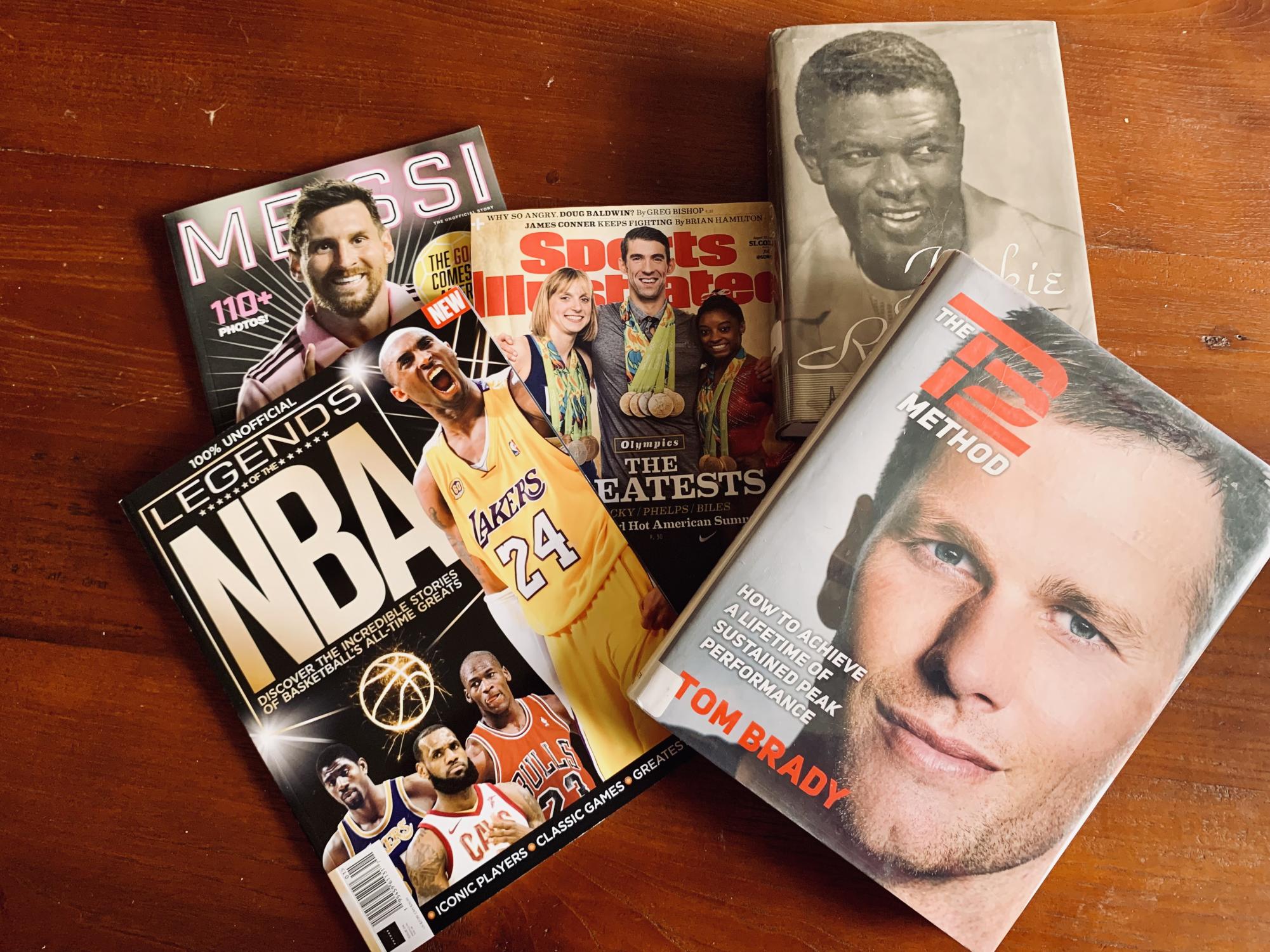 Magazines and books with favorite sports legends. 