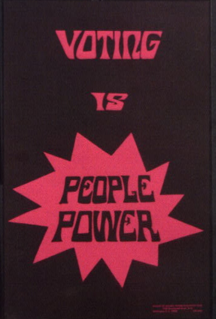Poster created by the League of Women Voters between 1965 and 1980. 

League Of Women Voters, U.S.. Education Fund, Sponsor/Advertiser. Voting Is People Power. [Between 1965 and 1980] Photograph. Retrieved from the Library of Congress,.