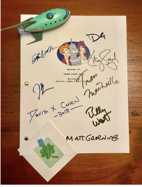 The signed script for the pilot episode of Futurama. 
