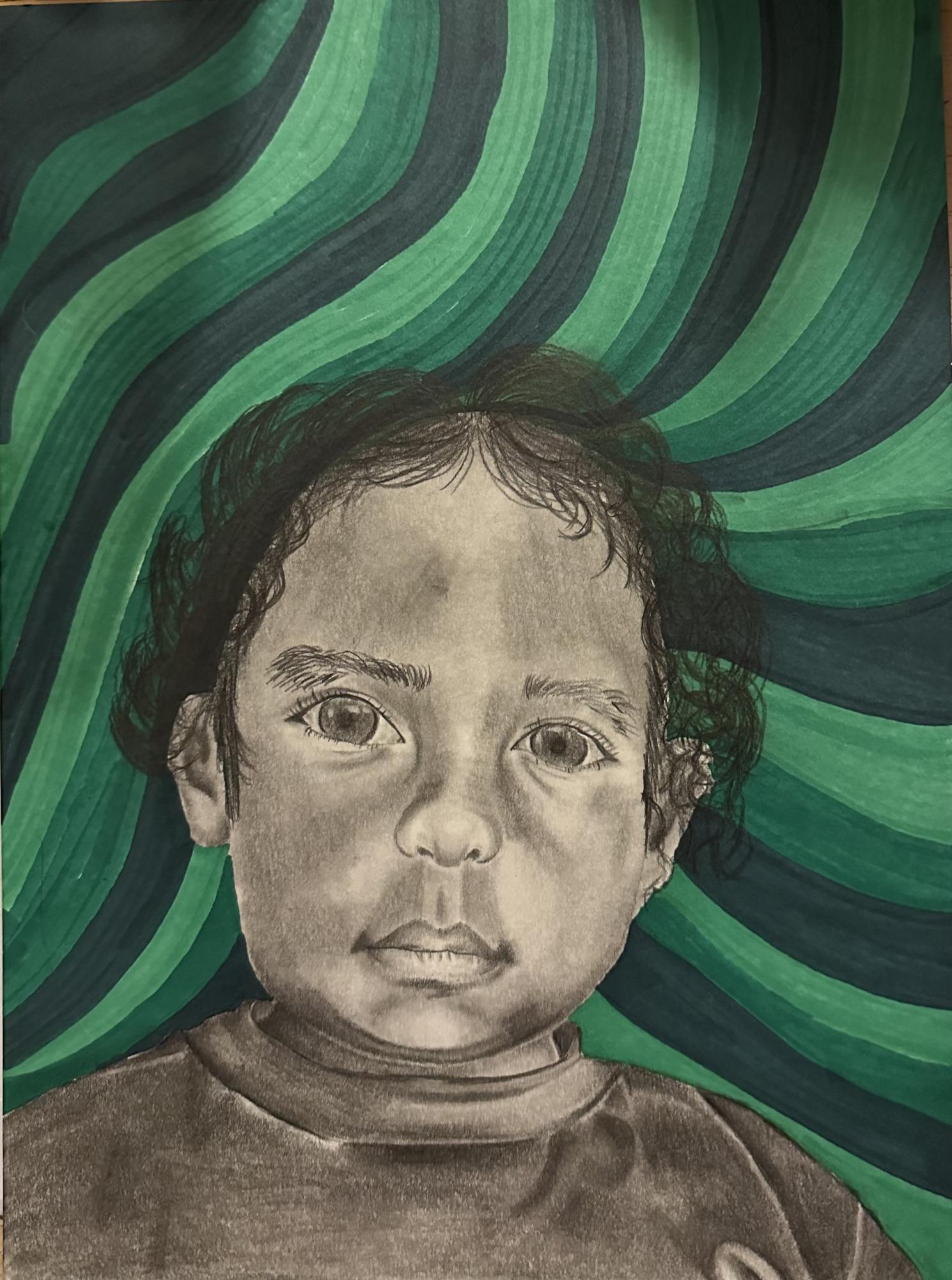 Junior Stella Colocinos memory project drawing, showcasing the little boy and a background in his favorite color, green.
