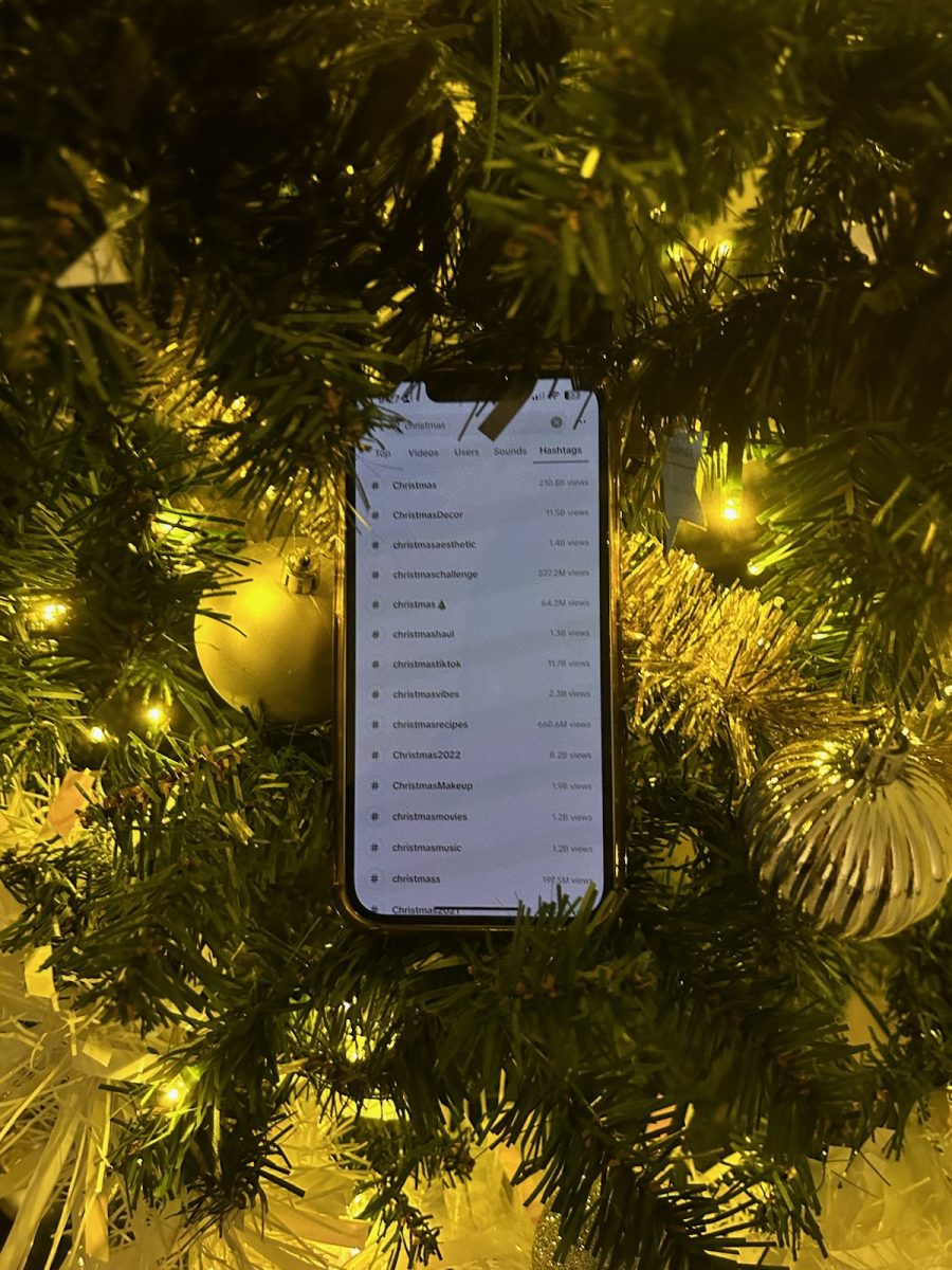 Christmas related TikTok hashtags in the background of a Christmas tree. 