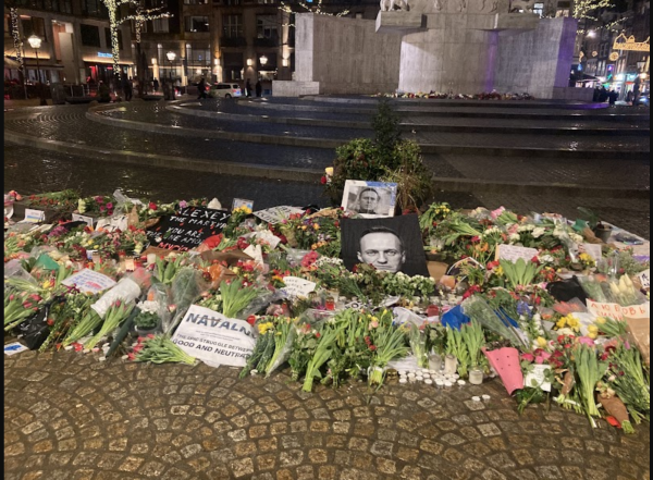Flowers left at the National Monument after the death of Alexei Navalny