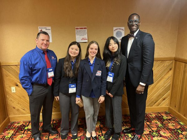 TSA members Melinda Wu, Sophia Seidel, and Natalie Bransetter stand with the Park Forest advisor and PA director of Education