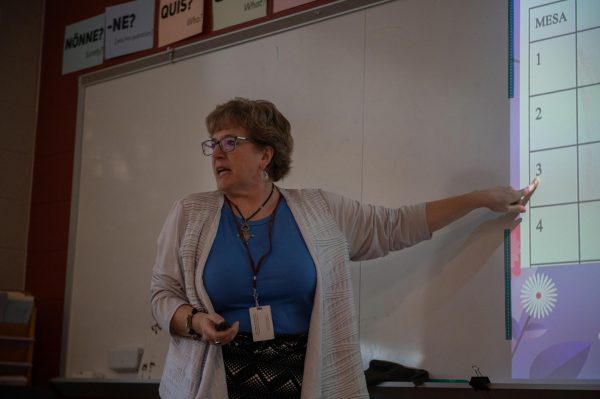Luzenski points to the whiteboard as she teaches the students in her classroom.

