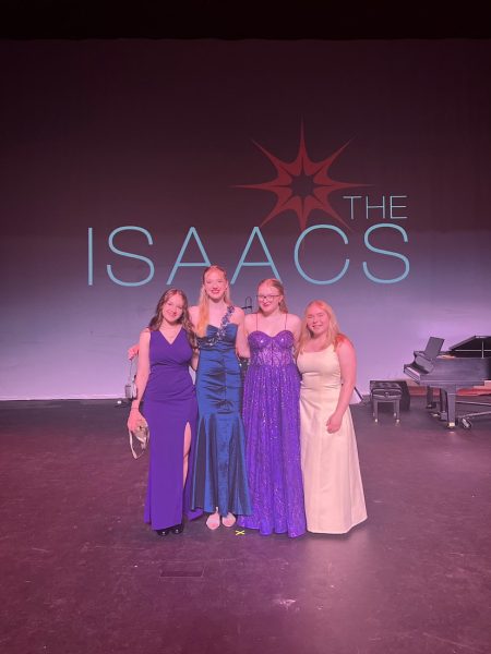 Brianna Dzyak and Hannah Smith at the Isaac Awards stage. 