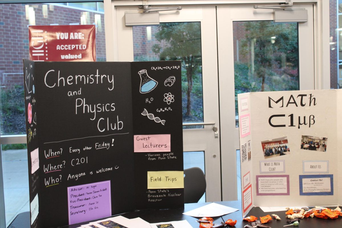 Posters created by Chemistry and Physics Club and Math Club on display for parents and students. “I think that [back to school night] creates a certain comfort level with the parents and the guardians to know that…their kids are going to be okay,” social studies teacher Andy Merritt said. 