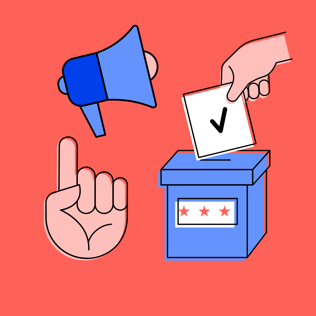 Canva graphic with voting related materials, such as a ballot, ballot box, megaphone, and hand with a pointed finger.