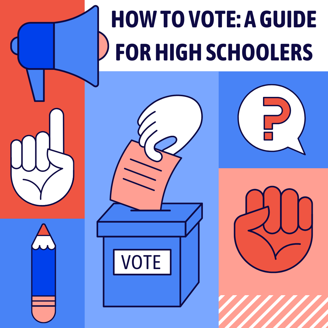 Canva graphic with images of voting-related materials, including pencil, megaphone, question mark, ballot, and voting box.